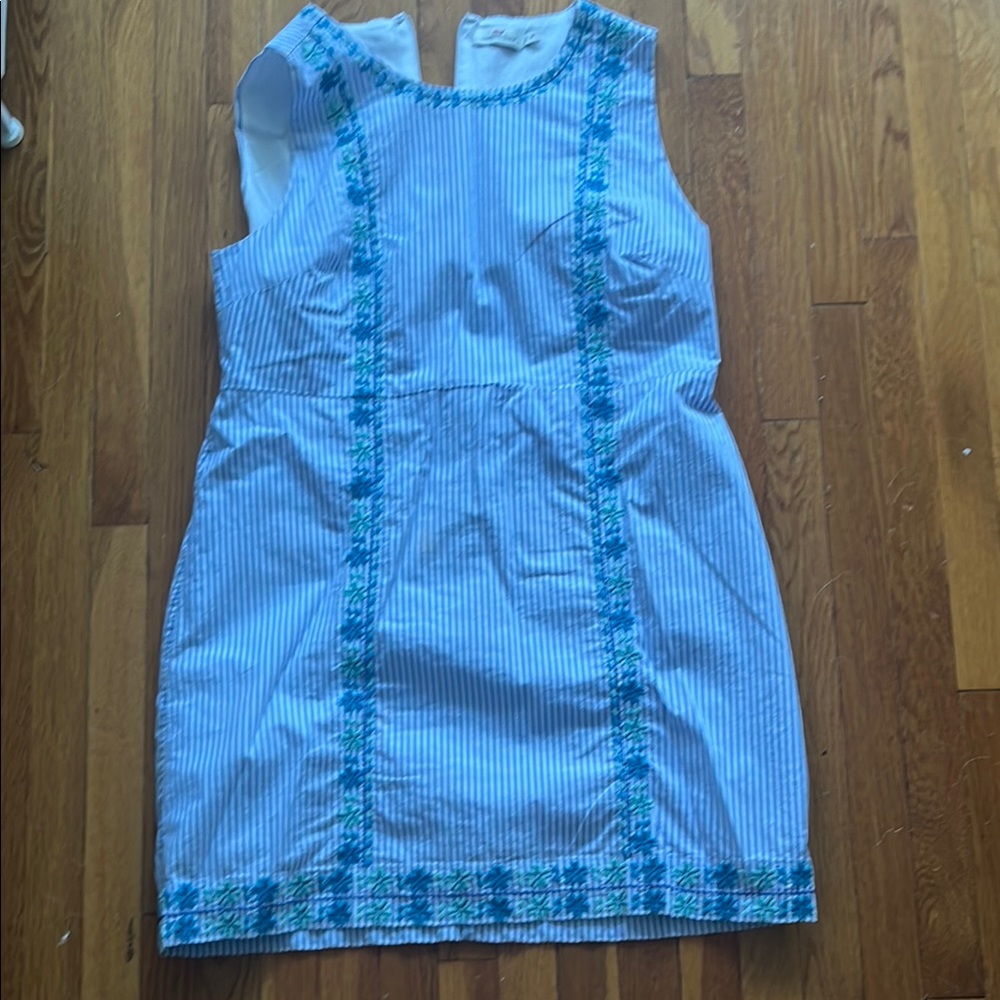 Vineyard Vines Blue and White Striped Sleeveless Embroidered Sheath Dress